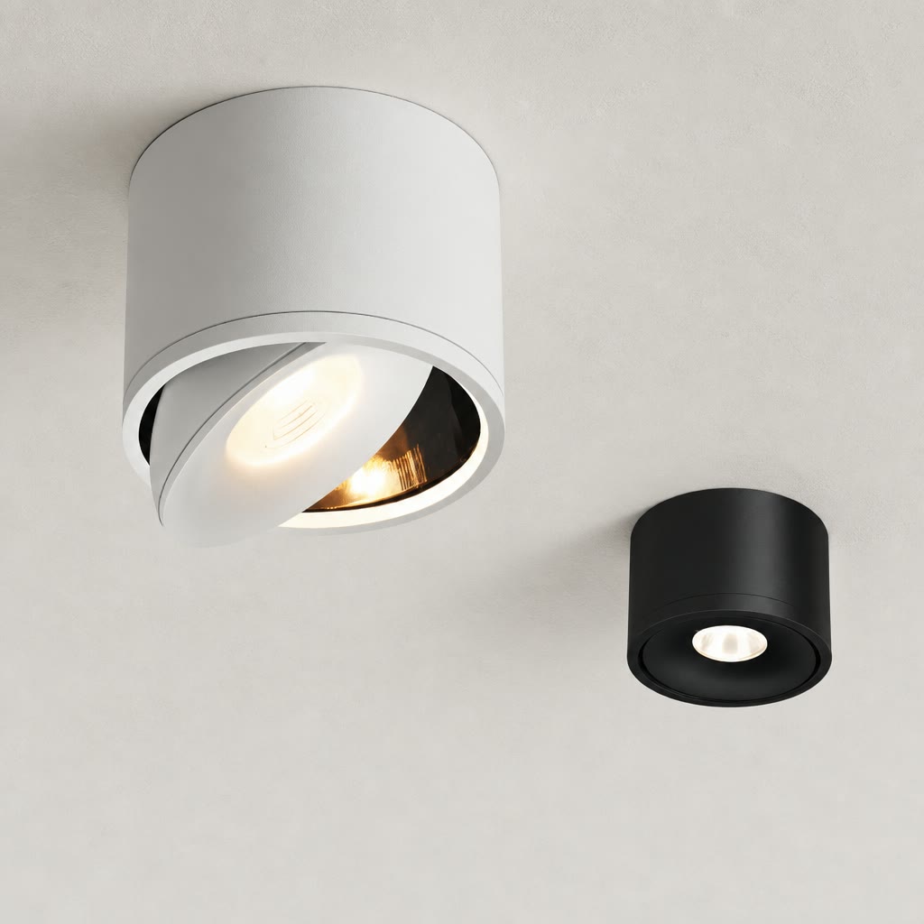 White and black cylindrical ceiling spotlights with warm recessed lights on a pale textured ceiling.