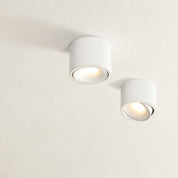 Two white cylindrical ceiling spotlights with warm recessed bulbs on a pale ceiling.