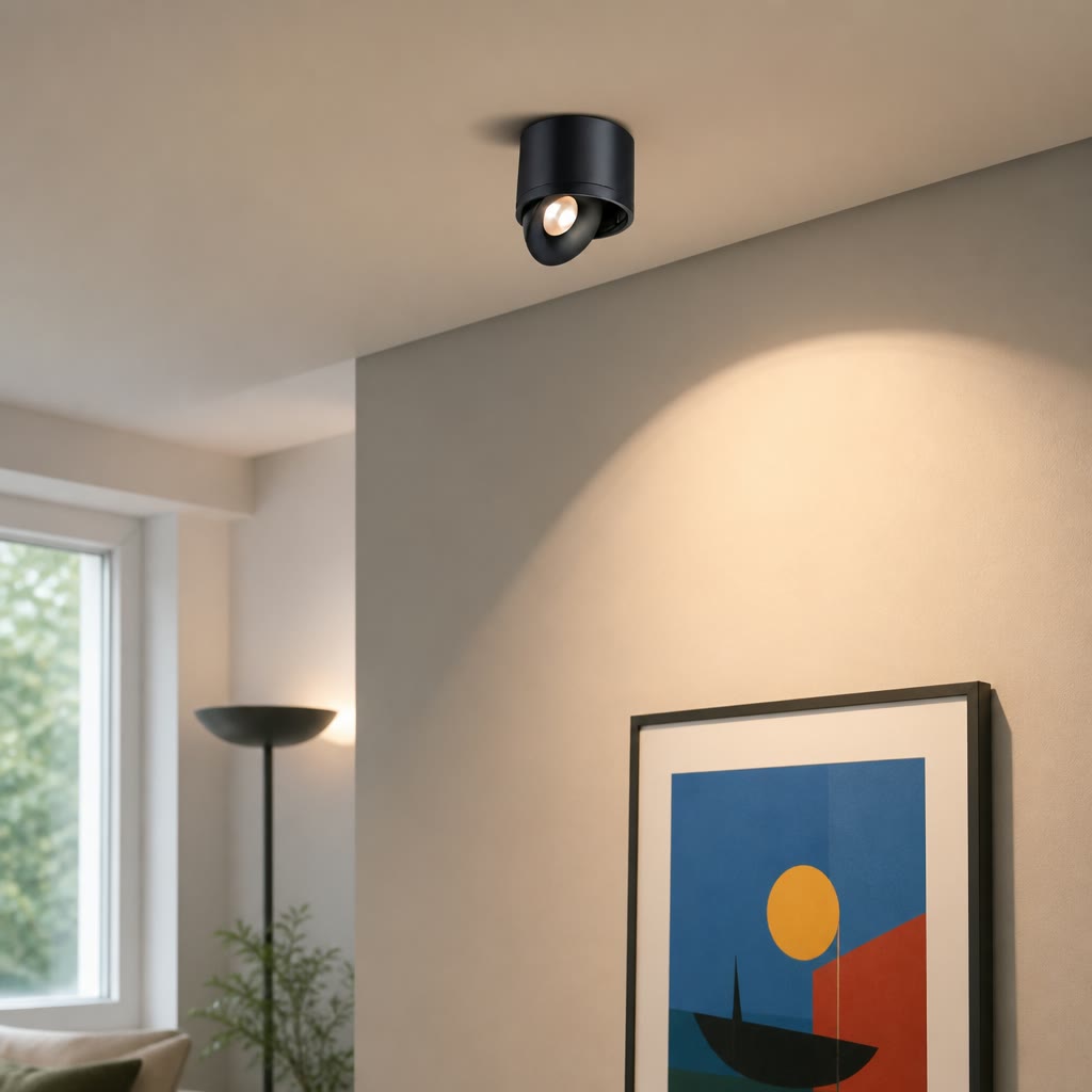 Black cylindrical ceiling spotlight illuminating a wall with framed artwork.