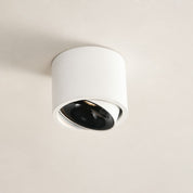 White cylindrical ceiling spotlight with a tilted black lens on a plain ceiling.