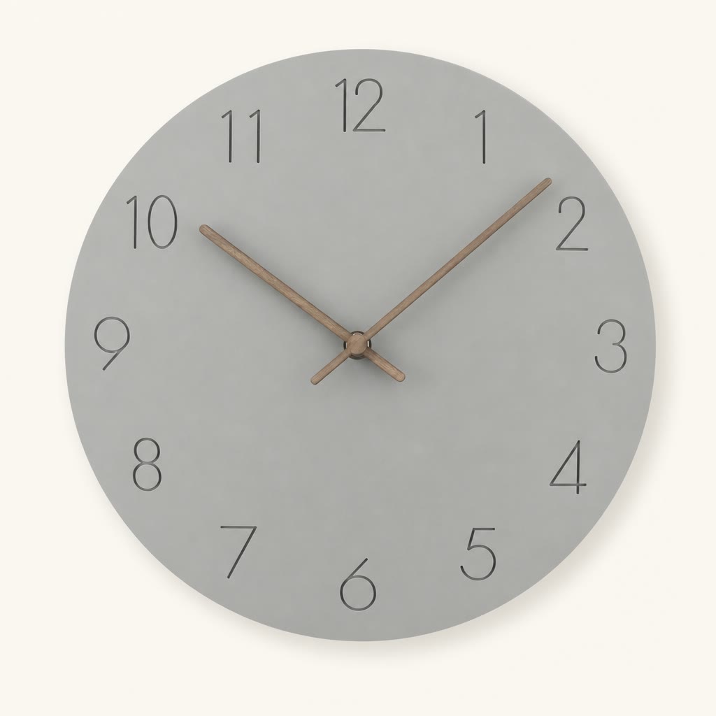 Round gray wall clock with thin black numbers and wooden hands on a light neutral background.