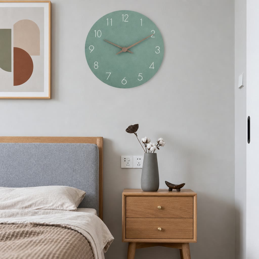 Sage green round wall clock with white numerals and copper hands above a wooden bedside table.