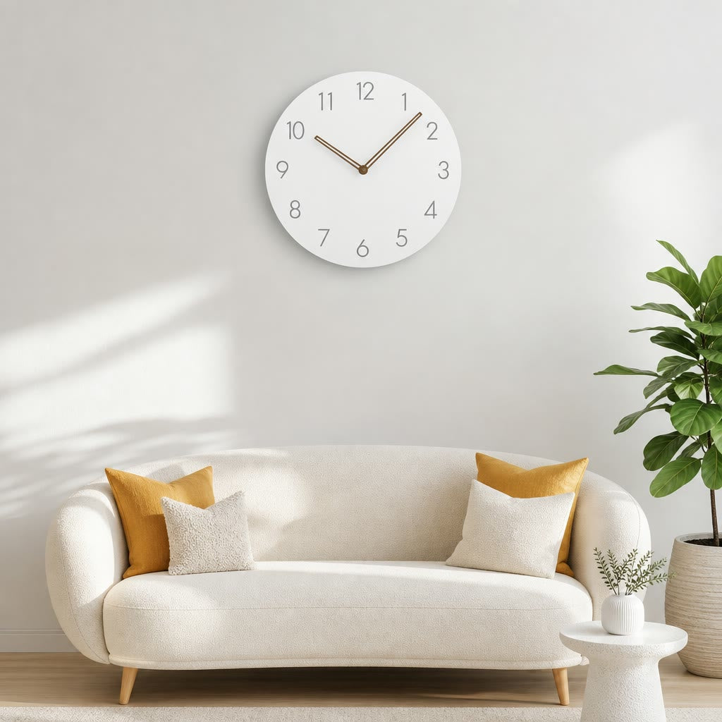 White round wall clock with gray numbers and brown hands above a cream sofa