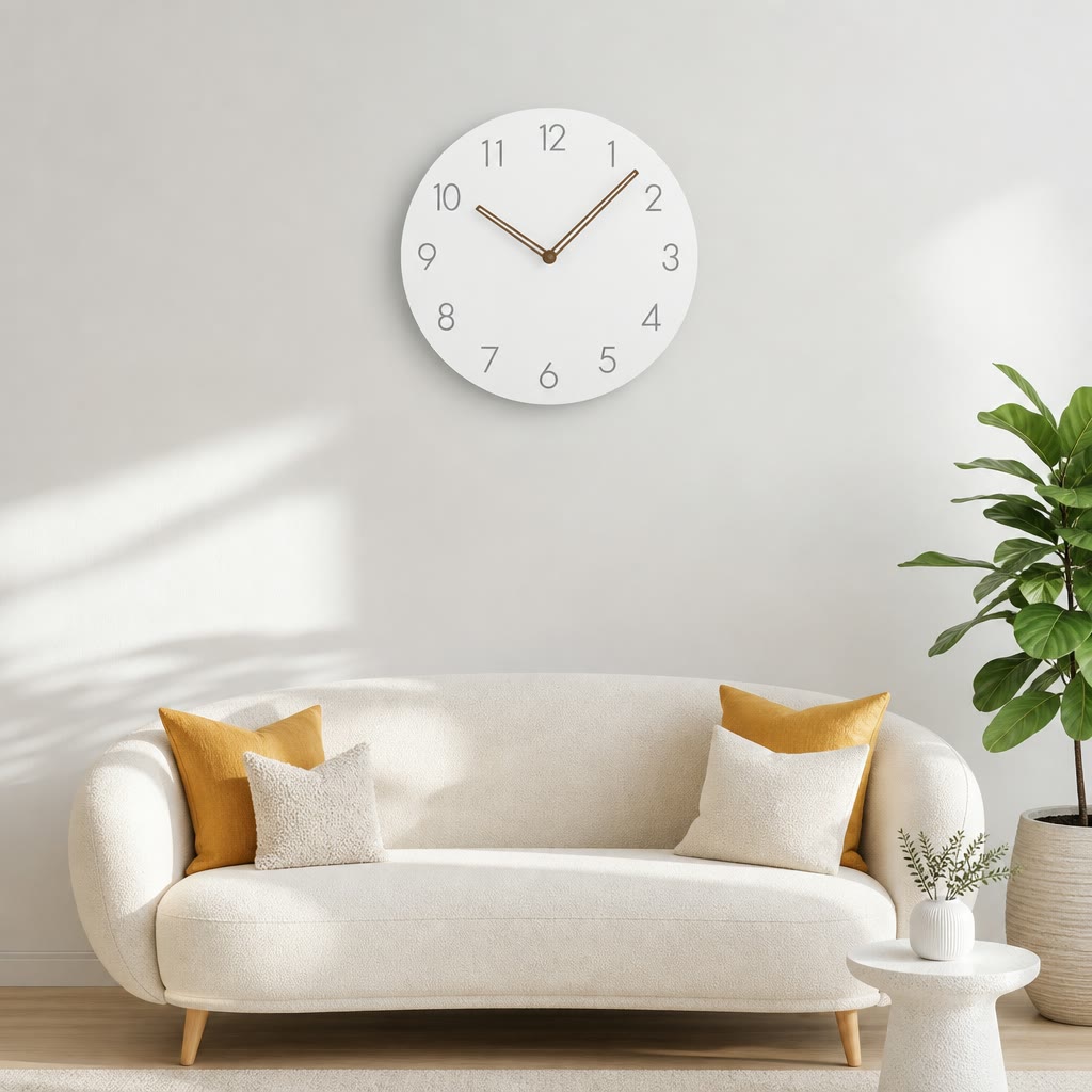 White round wall clock with gray numbers and brown hands above a cream sofa