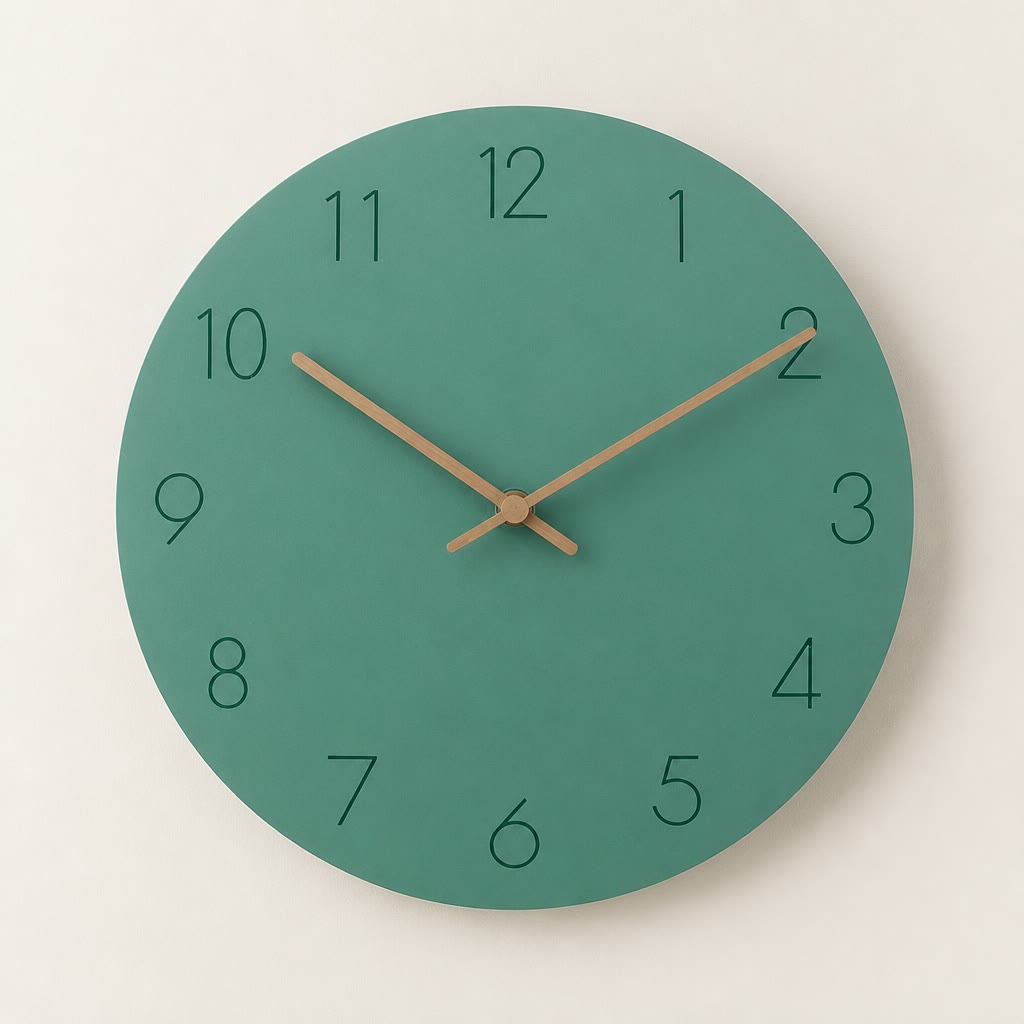 Teal round wall clock with dark numerals and wooden hands on a light neutral background.