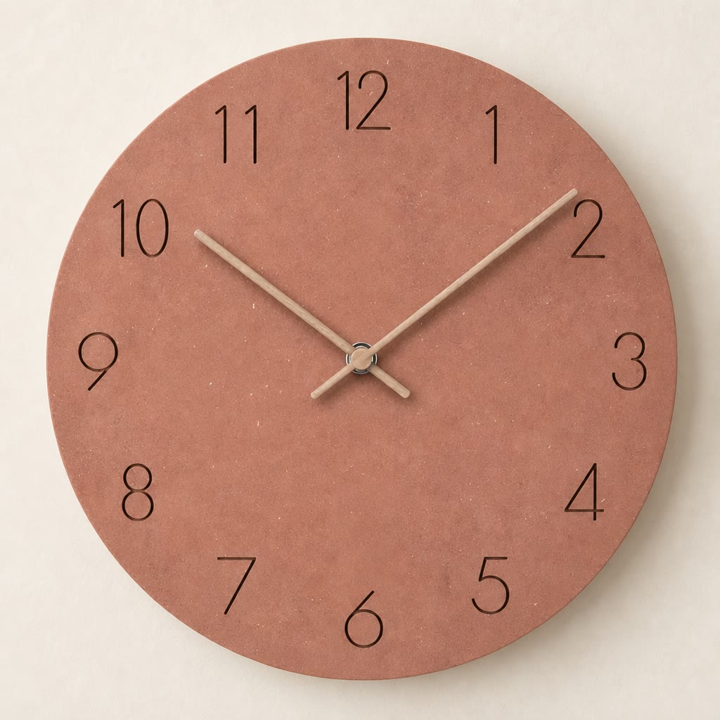 Round terracotta wall clock with black numerals and pale hands.