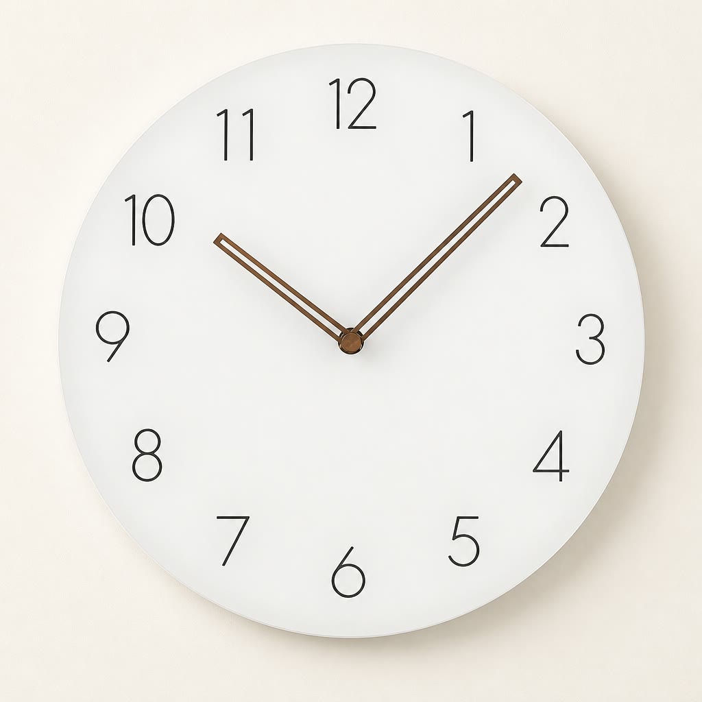 Round white wall clock with black numerals and slim brown hands centered on a light background.