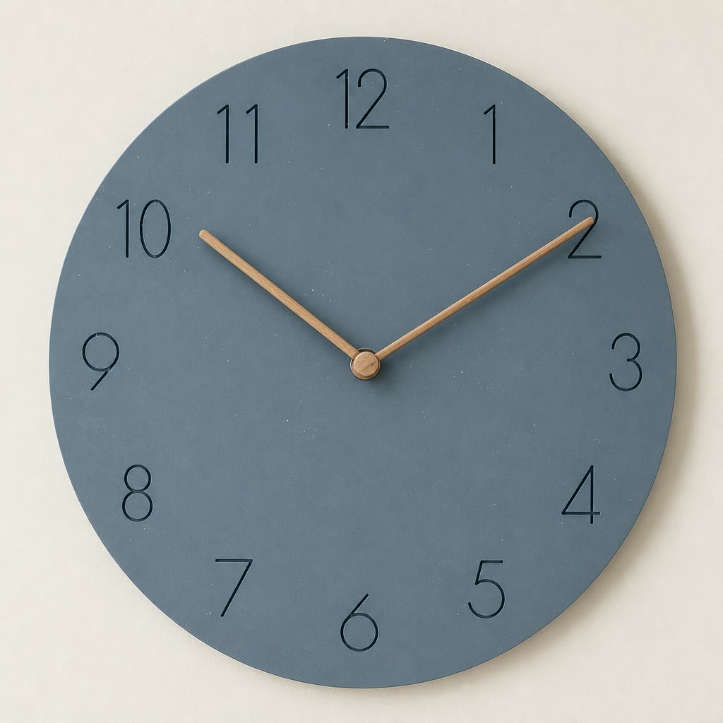 Round blue-gray wall clock with black numerals and wooden hands.