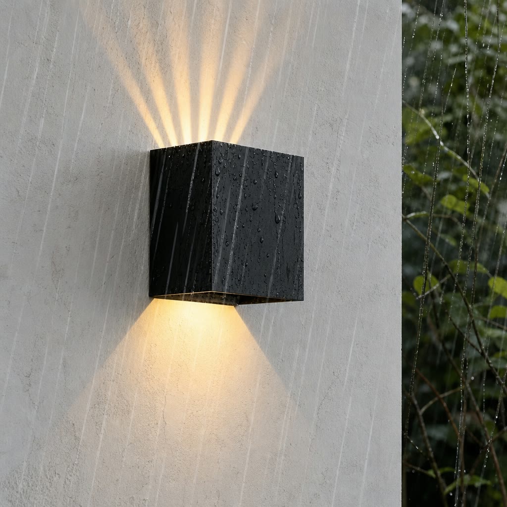 Black rectangular wall light casts warm beams on a rain-streaked white wall.