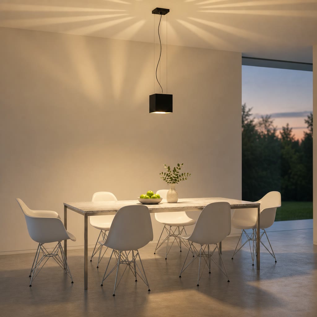 Black cube pendant light hangs above a minimalist dining table with white chairs.