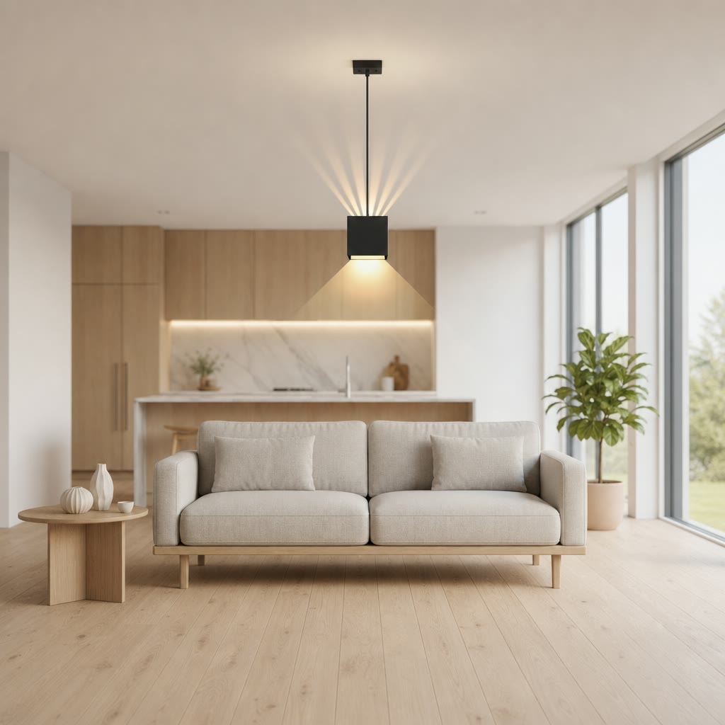 Black cube pendant light above a beige sofa in a modern living room.