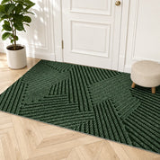 Green geometric patterned area rug in front of a white paneled door.