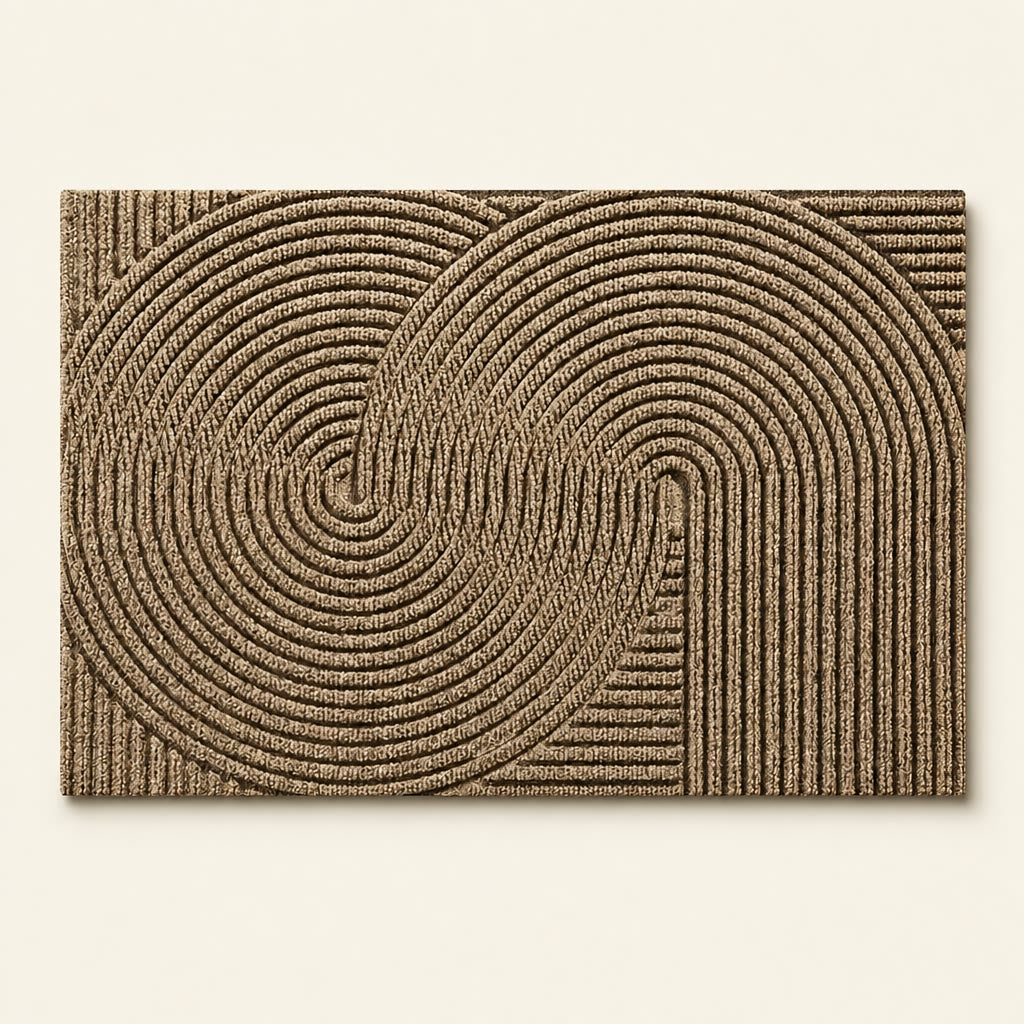Tan rectangular textured rug with raised concentric arch and circular line patterns.