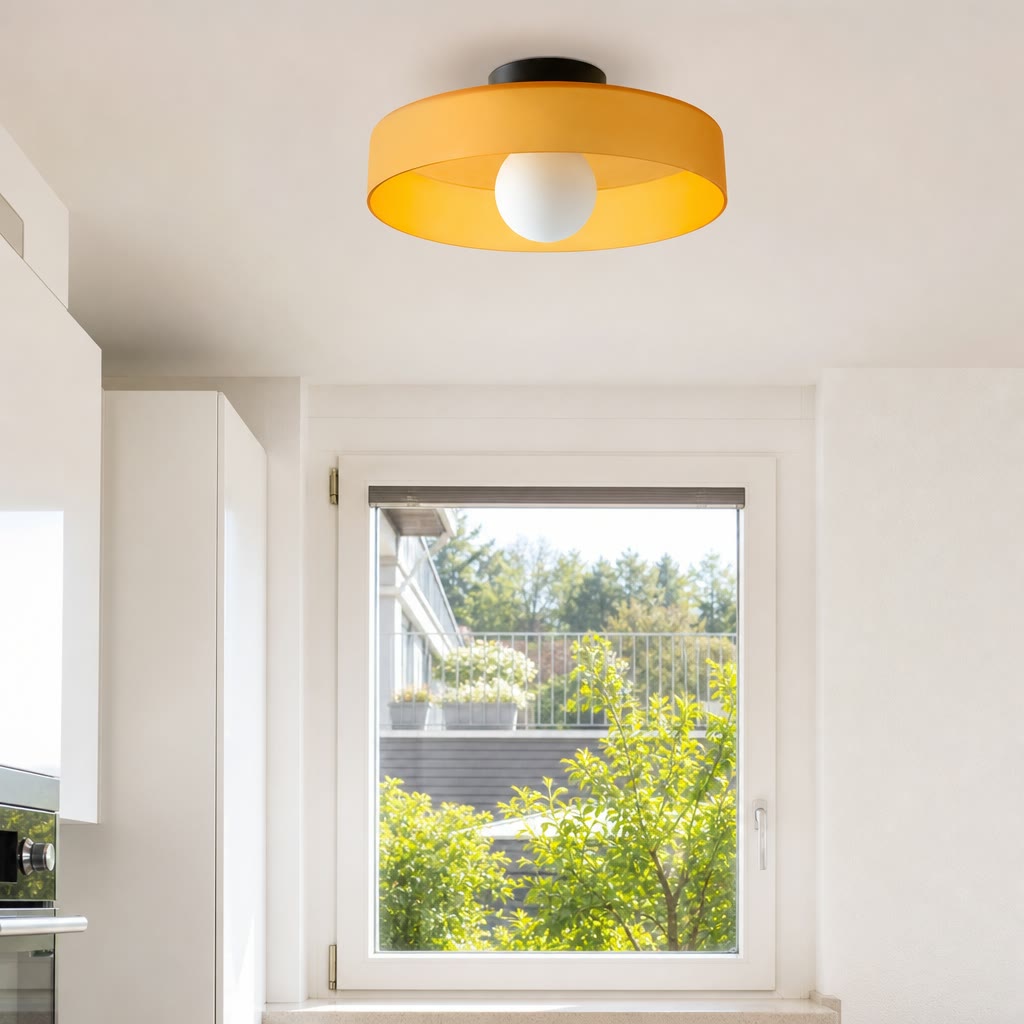 Orange ceiling light with a round shade and white bulb mounted in a bright room.