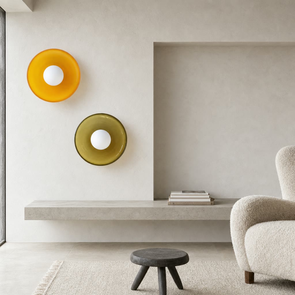 Two circular wall lights, one amber and one olive, displayed in a minimalist living room.