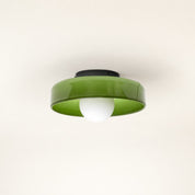 Glossy green ceiling light with a white globe bulb and black mount on a plain background.