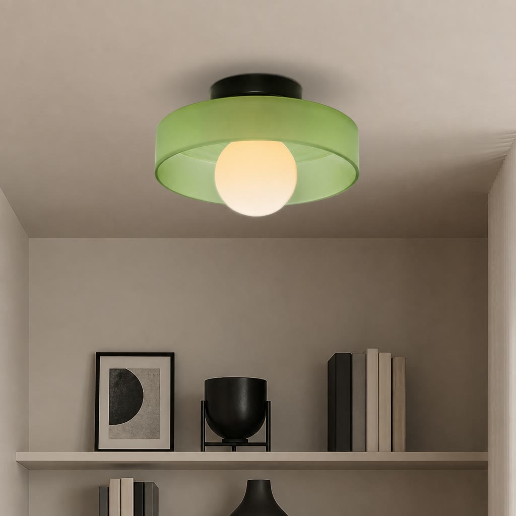 Green flush mount ceiling light with black base and glowing white globe above a neutral shelf.