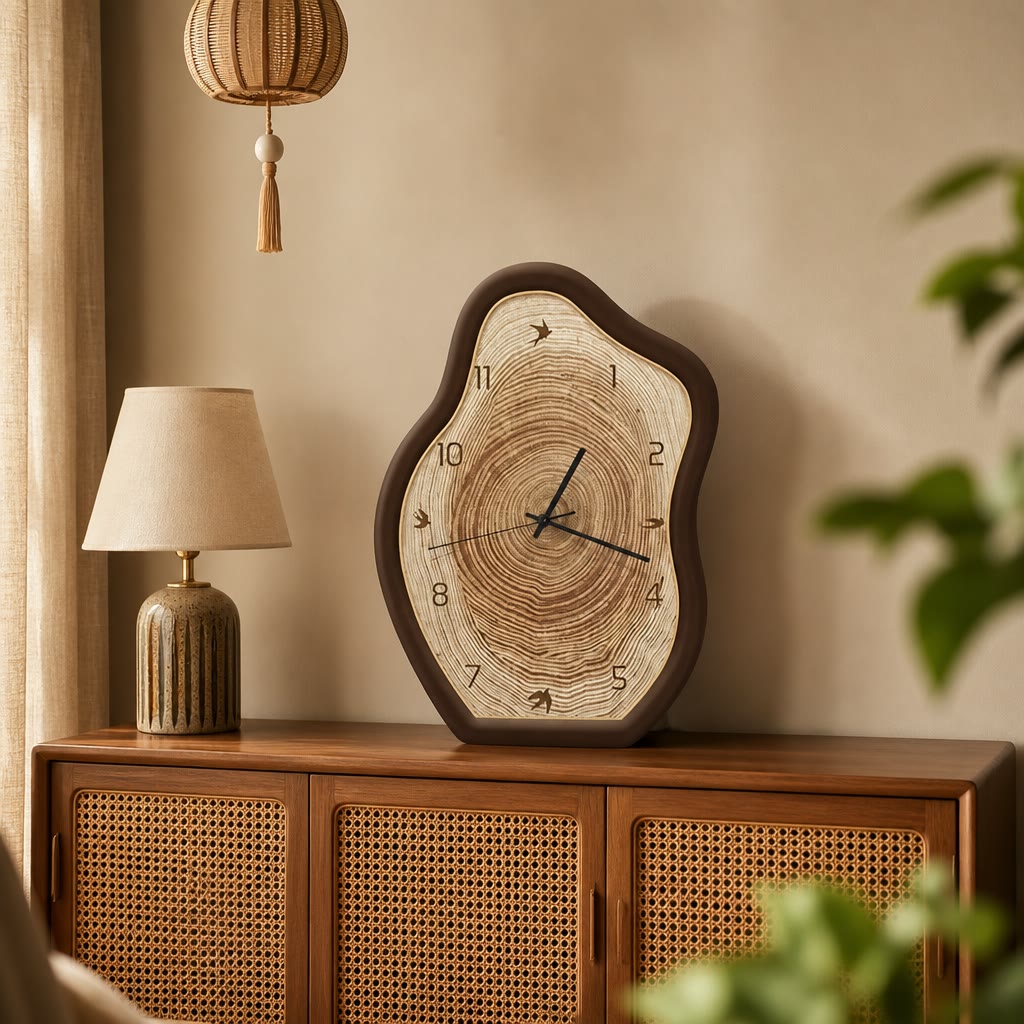 Wavy wood-grain table clock with dark frame on a rattan cabinet.