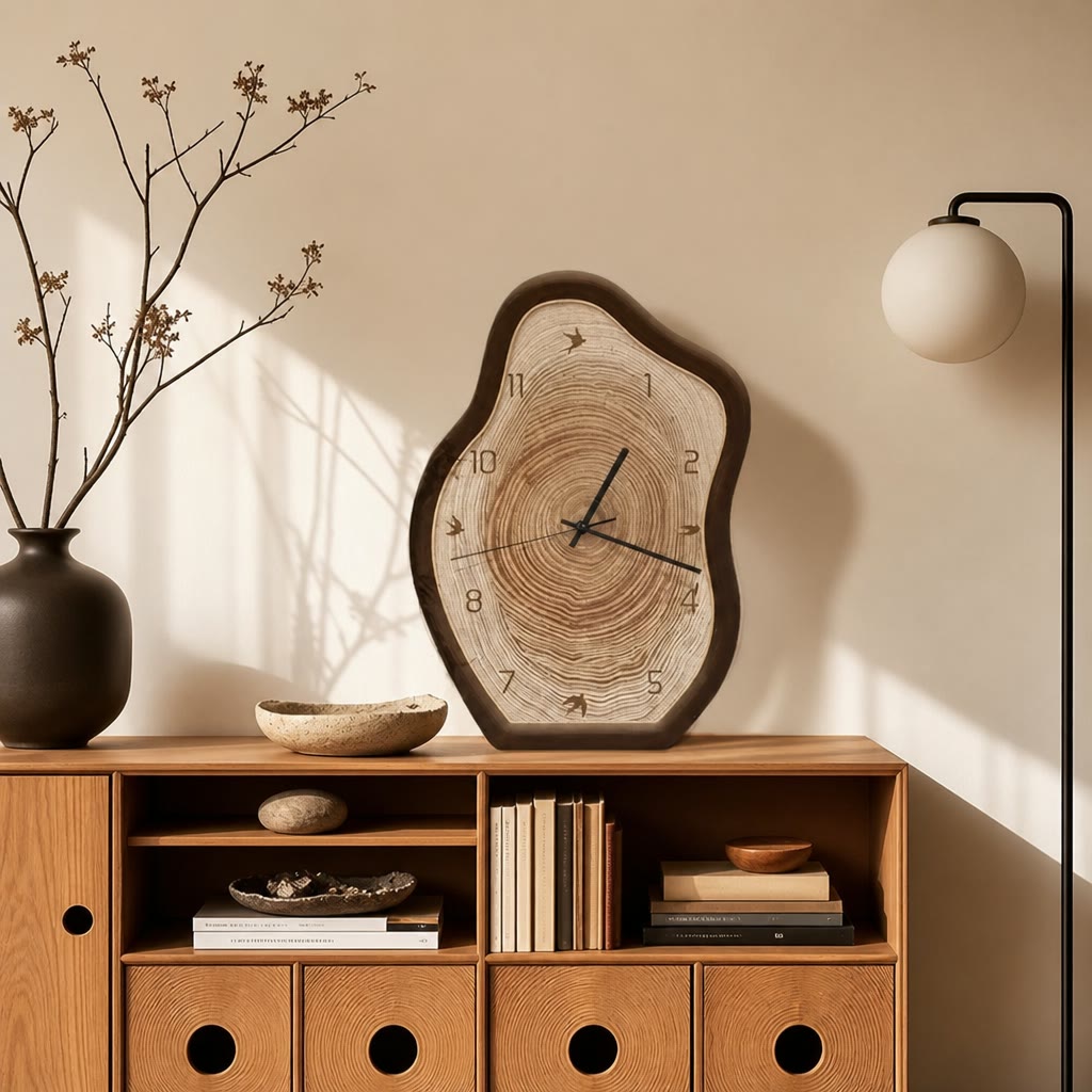 Irregular wood slice table clock with tree rings and black hands on a wooden cabinet.