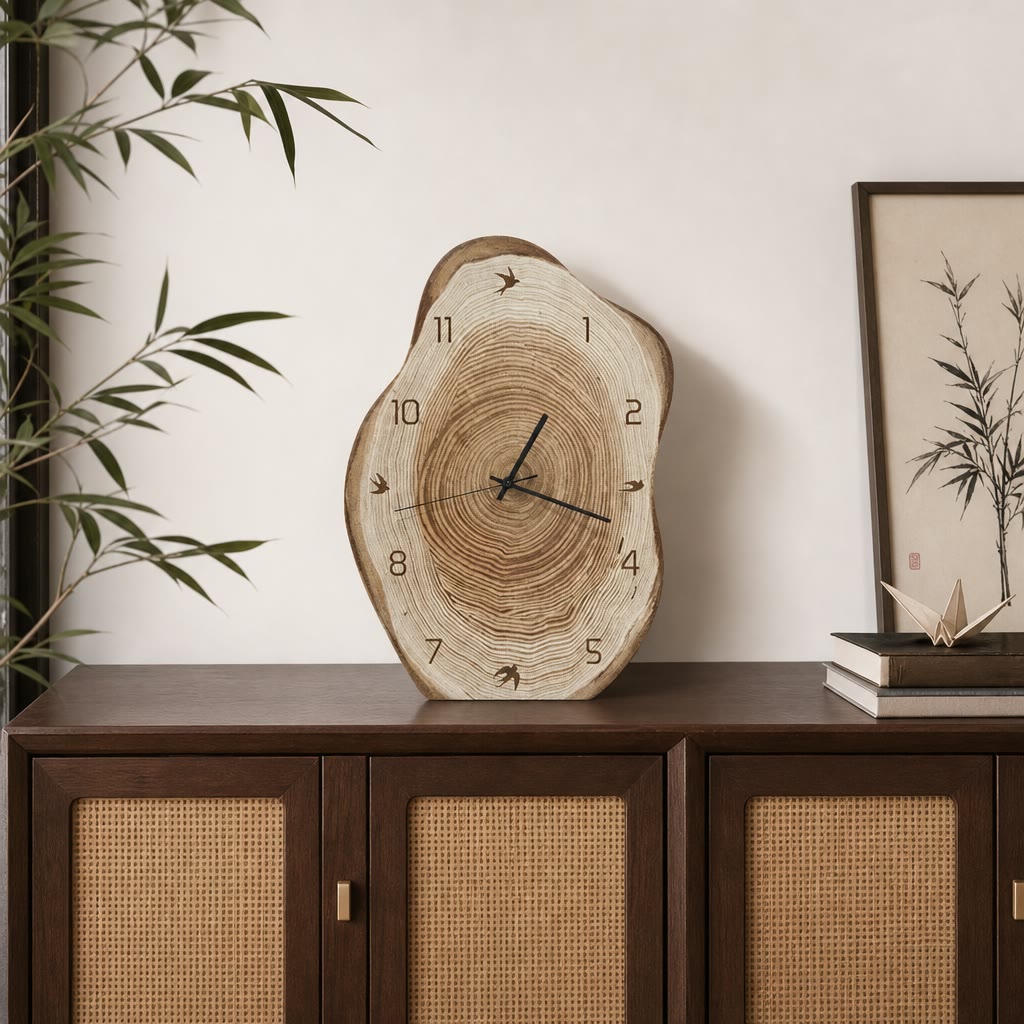 Natural wood slice wall clock with visible tree rings and black hands on a wooden cabinet.