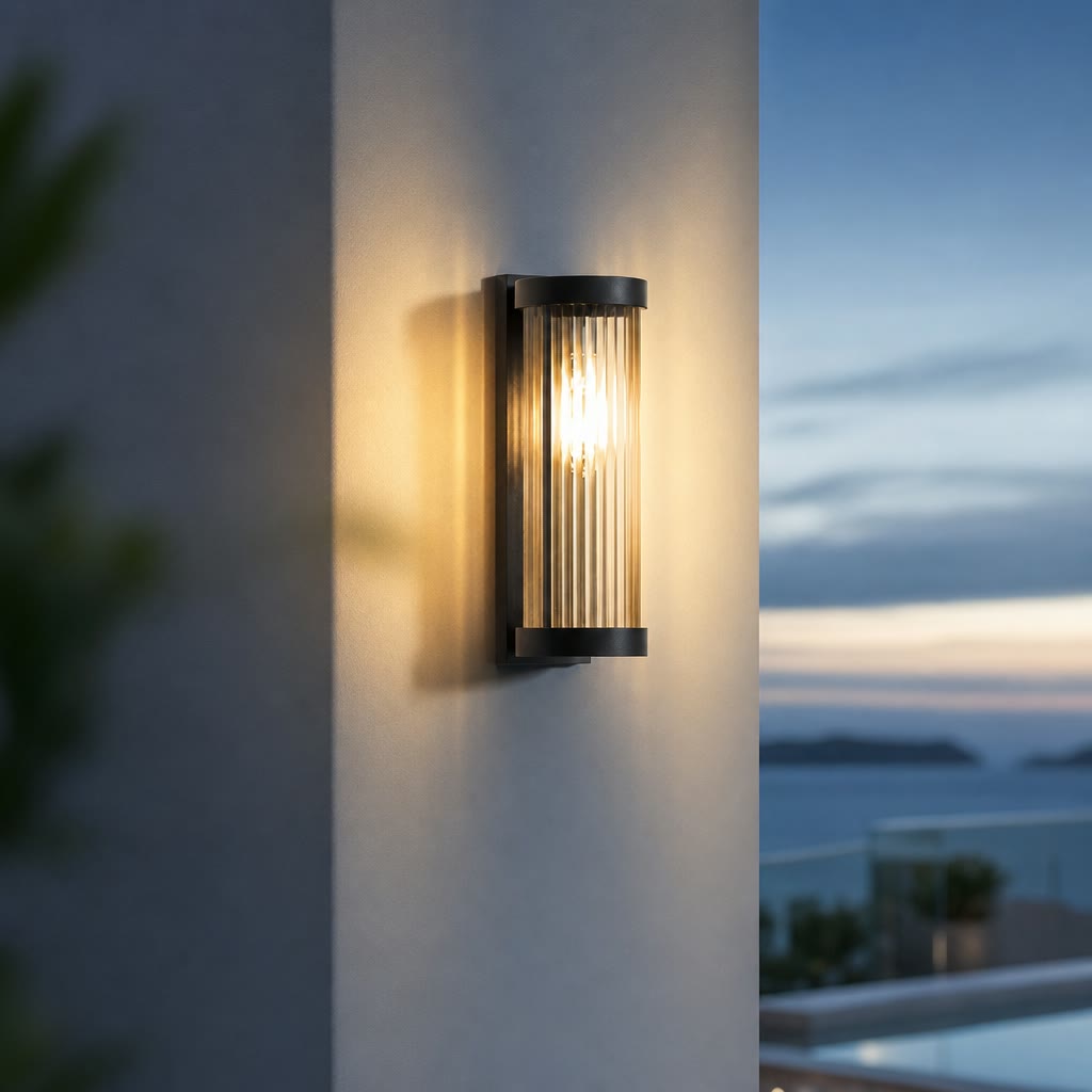 Cylindrical ribbed glass outdoor wall sconce glowing warmly on a gray exterior wall.