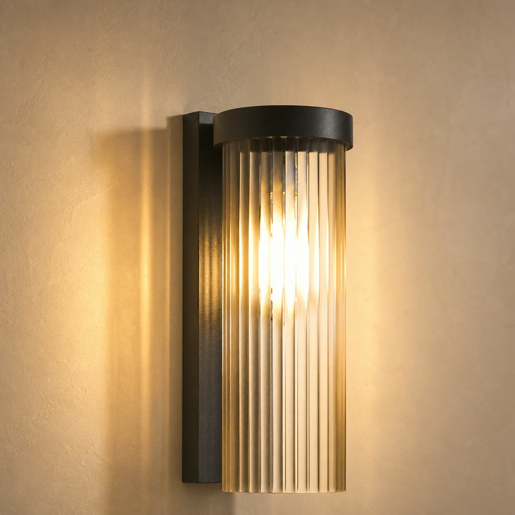 Lit ribbed glass wall sconce with black metal frame on a warm neutral wall.