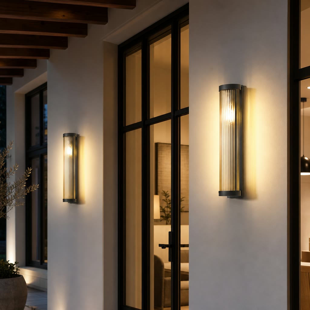 Two warm ribbed cylindrical wall sconces mounted on a modern hallway wall.