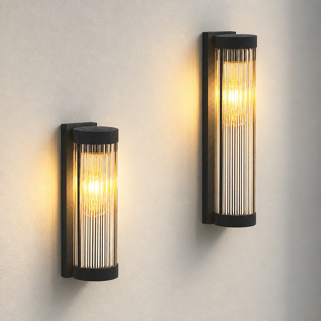 Two black ribbed cylindrical wall sconces glowing warm yellow on a plain light wall.