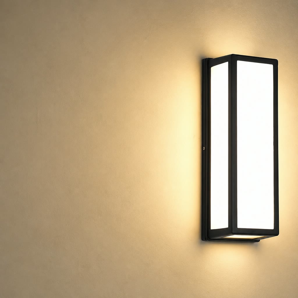 Black rectangular wall sconce with glowing frosted panels on a warm beige wall.