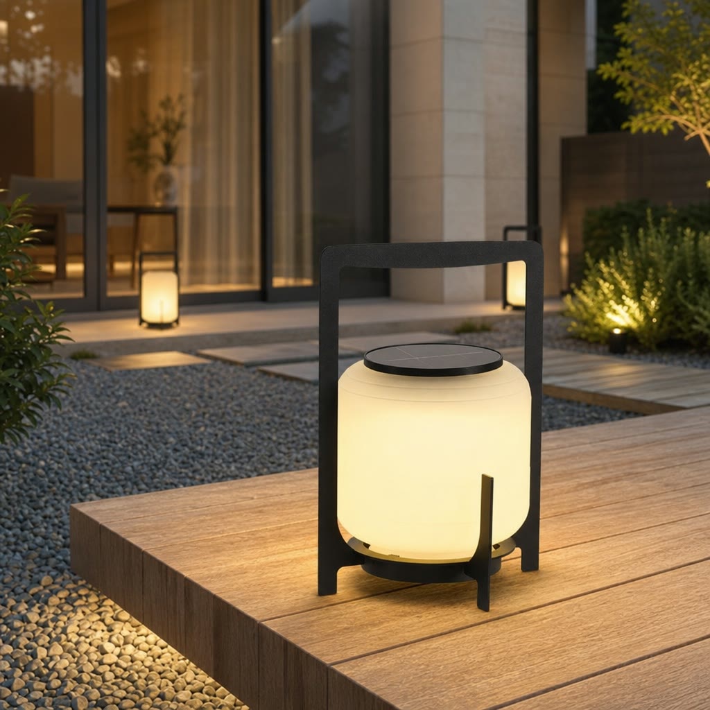 Glowing black handled solar lantern on a wooden patio in a modern garden setting.