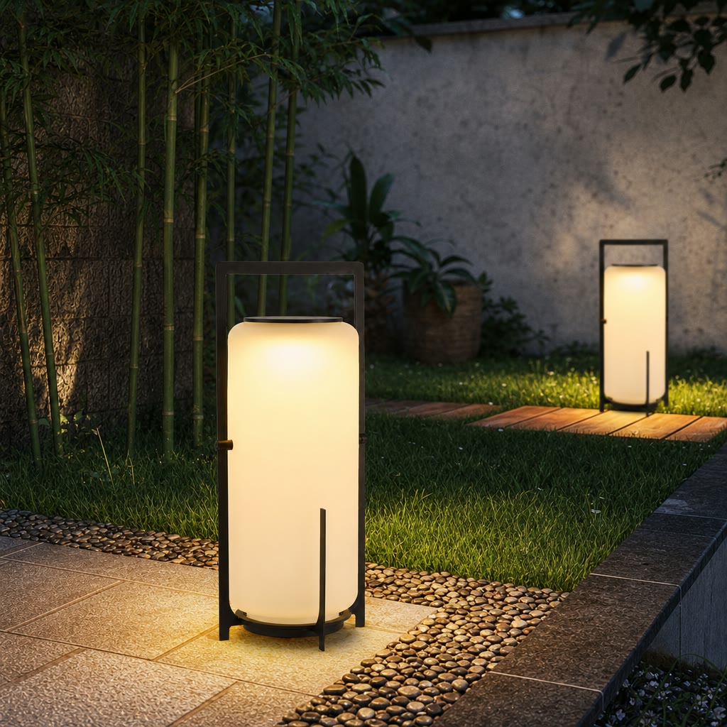 Glowing cylindrical outdoor lantern with black frame beside grass and garden stones.