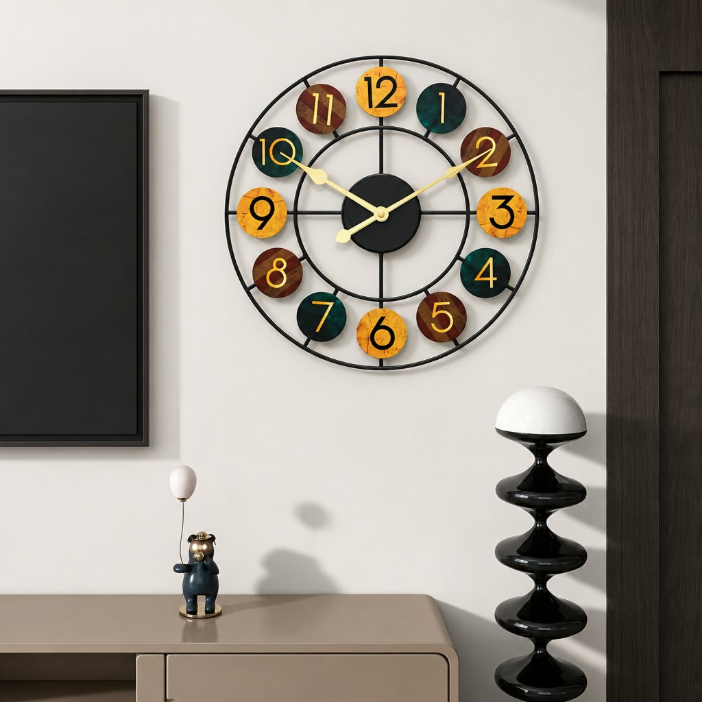 Colorful round wall clock with black metal frame and numbered wooden discs.