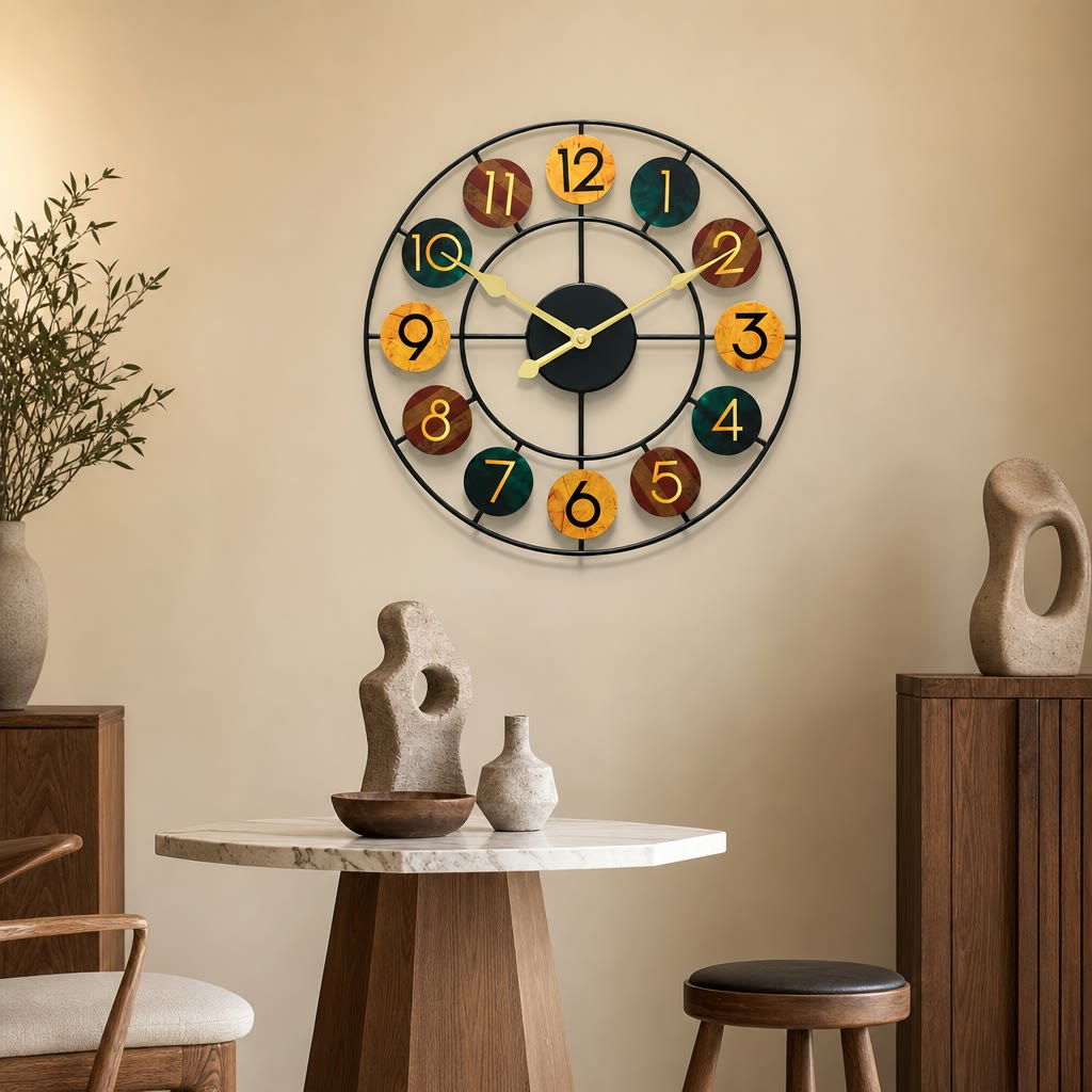 Colorful round wall clock with black metal frame and numbered wooden discs.