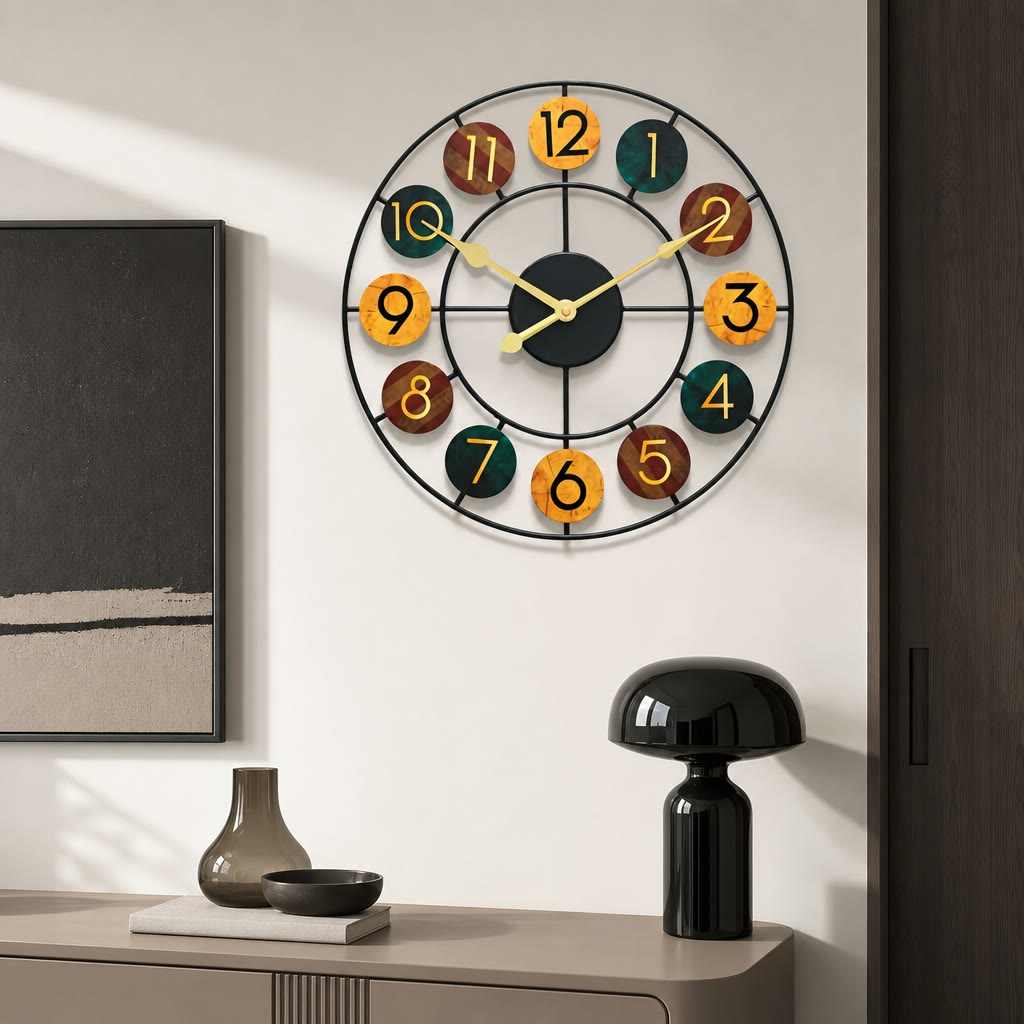 Colorful round wall clock with black metal frame and numbered wooden discs.