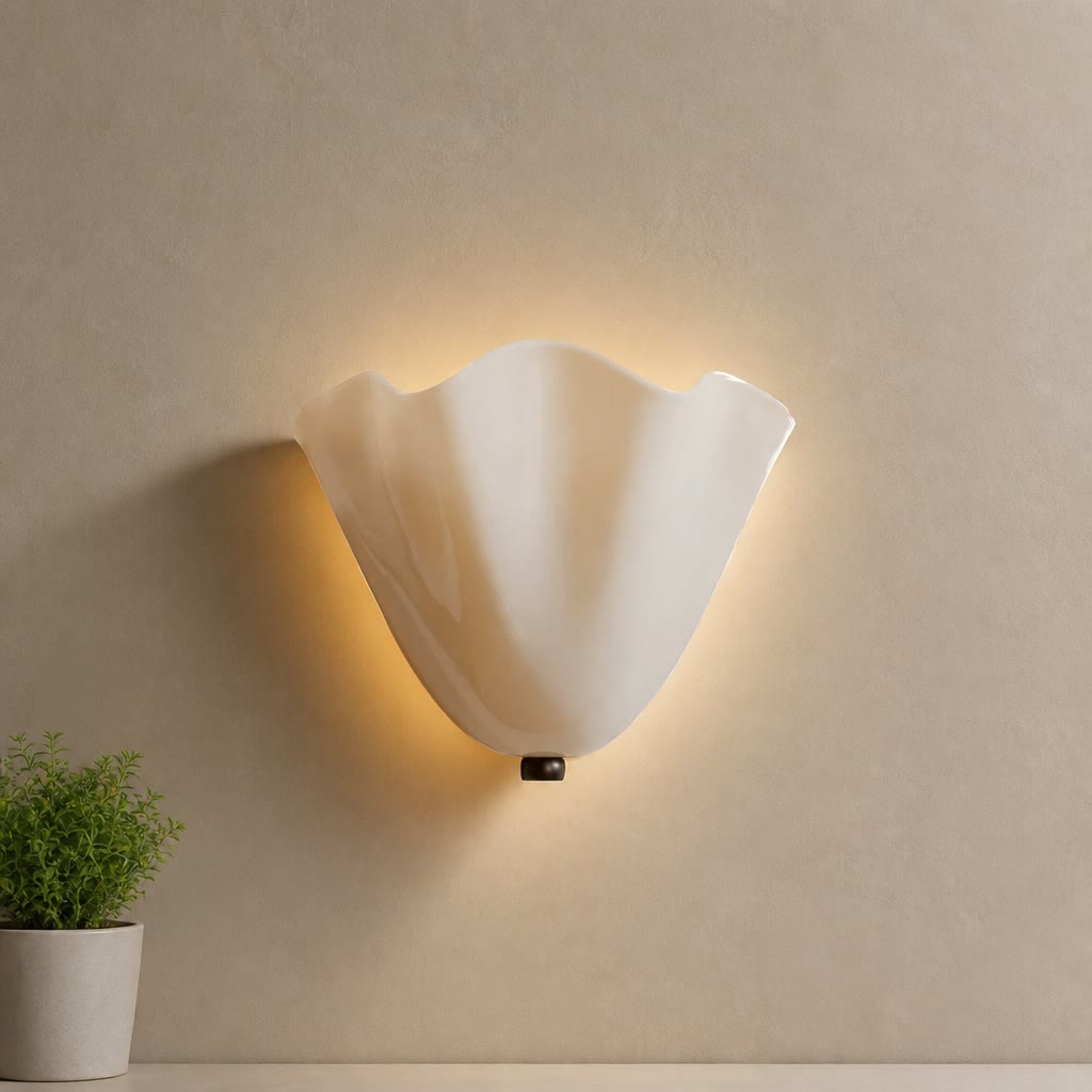 White scallop shell wall sconce glowing warmly above a small potted plant.