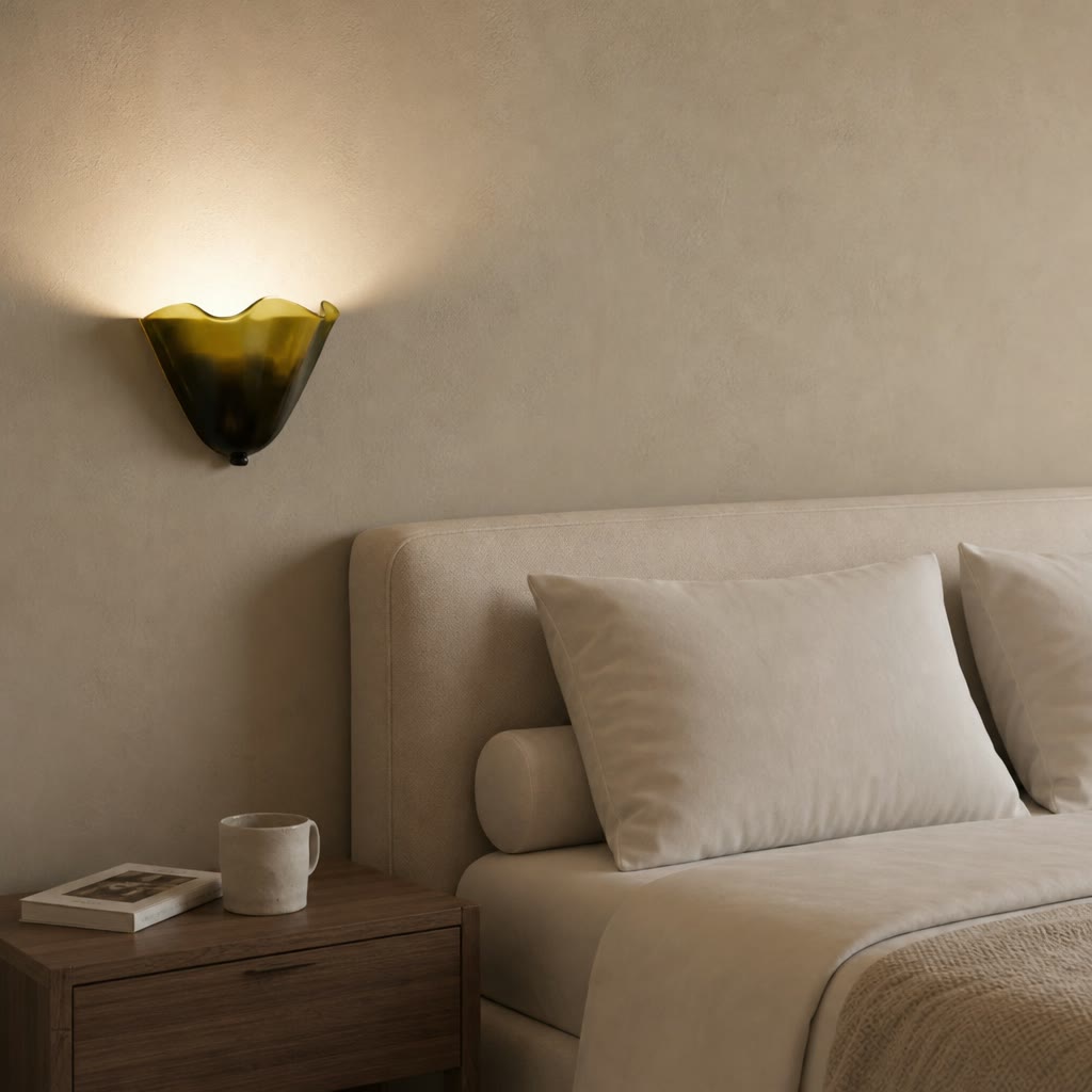 Amber glass wall sconce glowing above a neutral bedside scene.