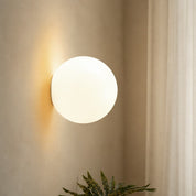Glowing round wall light mounted above a leafy plant on a softly textured neutral wall.