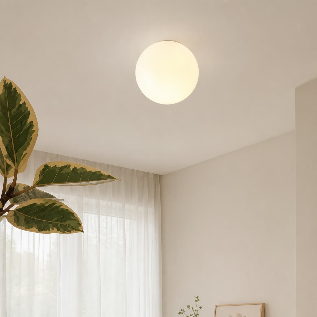 Glowing round ceiling light mounted above sheer curtains and a leafy indoor plant.