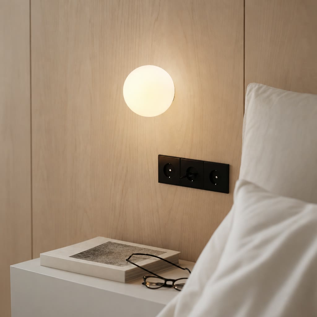 Glowing round wall lamp above a bedside table with a book and glasses next to white pillows.