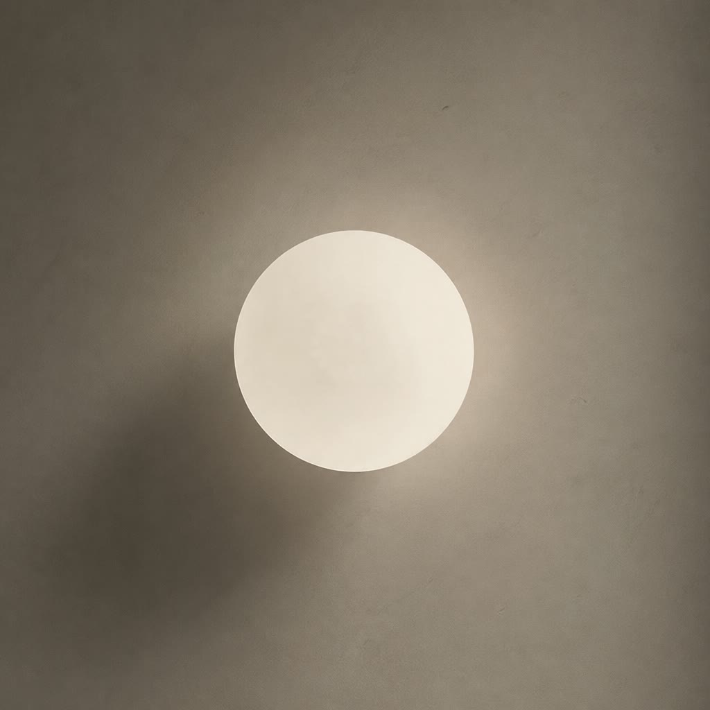 Glowing round white wall light on a muted beige wall.