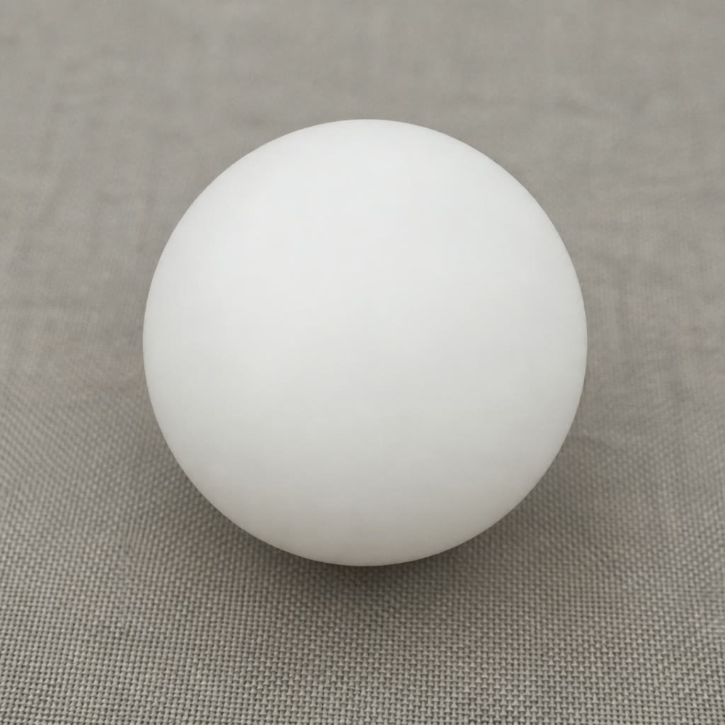 Smooth white spherical ball resting on a muted gray fabric surface.