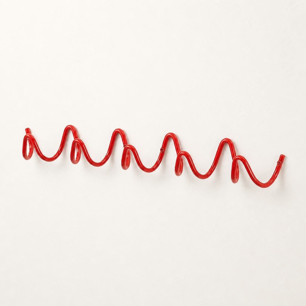 Red wavy wall-mounted coat rack on a clean white wall.