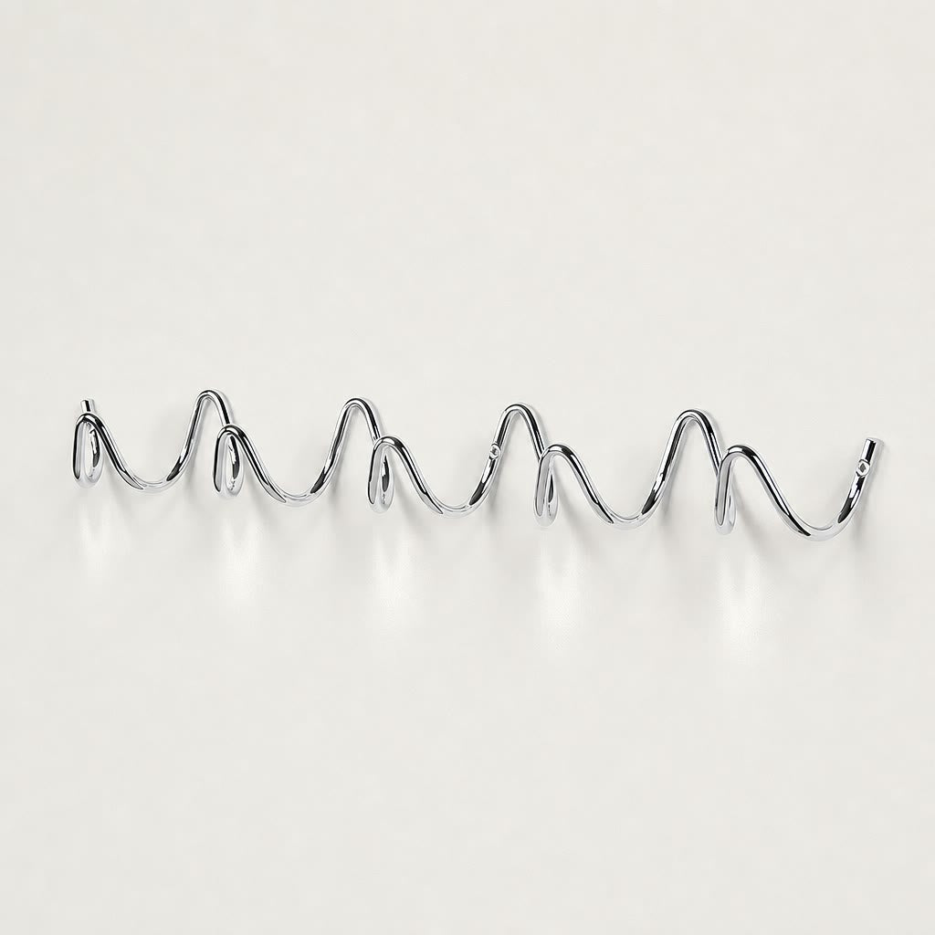 Chrome wavy wall-mounted multi-hook rack on a clean light background.