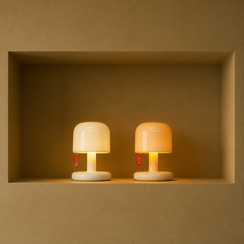 Two small glowing mushroom lamps, one white and one peach, sit side by side on a recessed shelf.