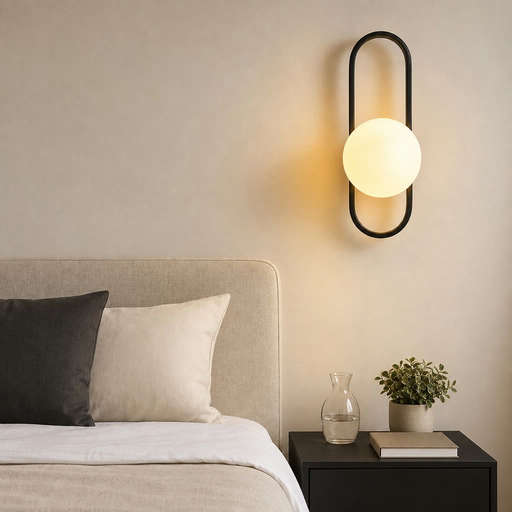 Black oval wall sconce with glowing frosted globe above a bedside table.