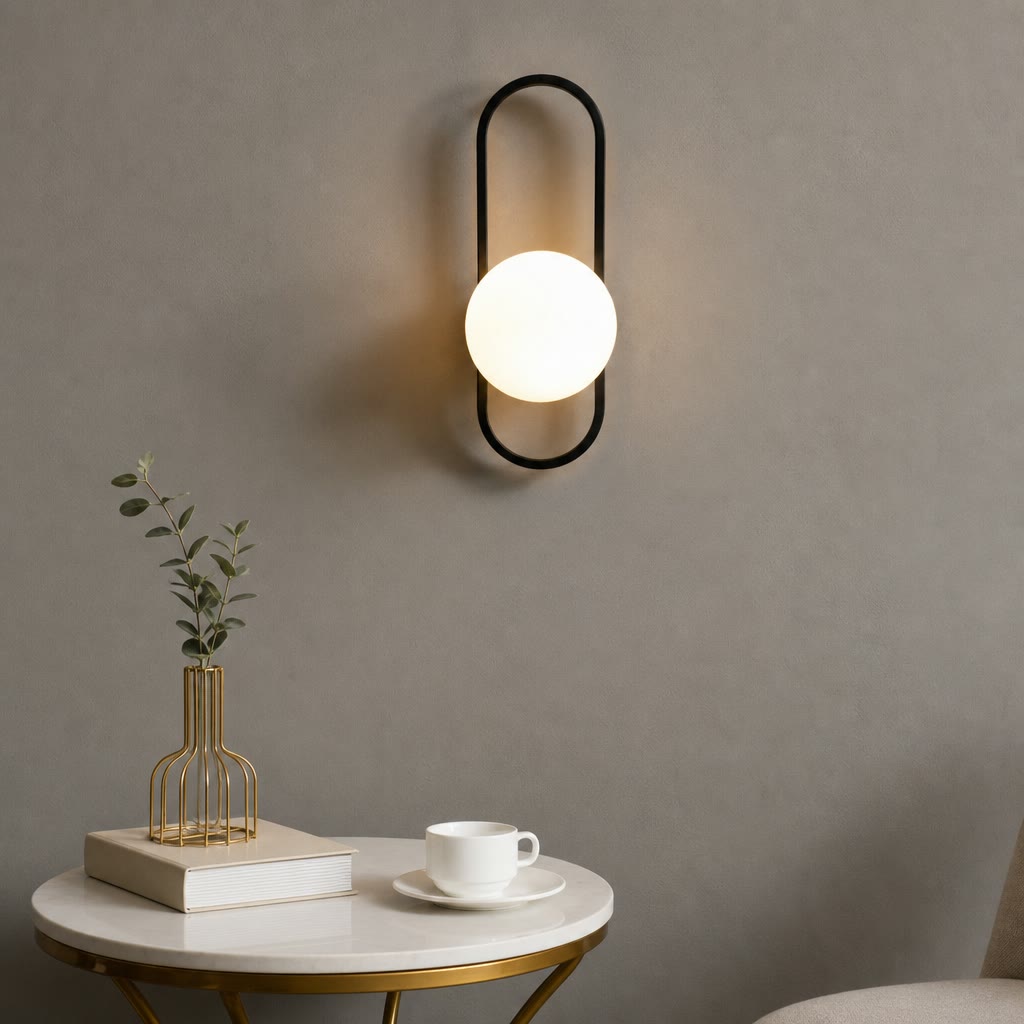 Black oval wall sconce with a glowing white globe above a minimalist side table.