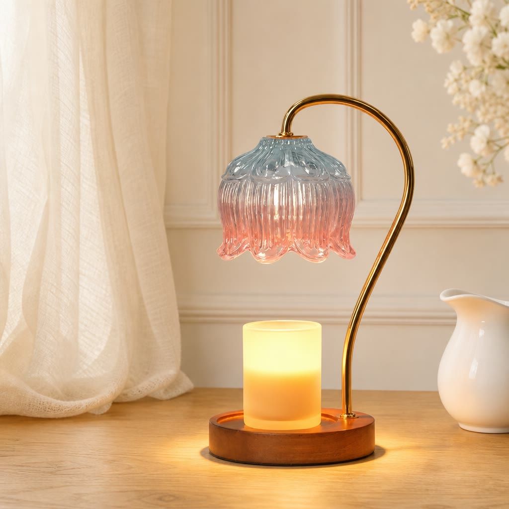 Ribbed glass candle warmer lamp with gold arched stand, wooden base, and glowing yellow candle.