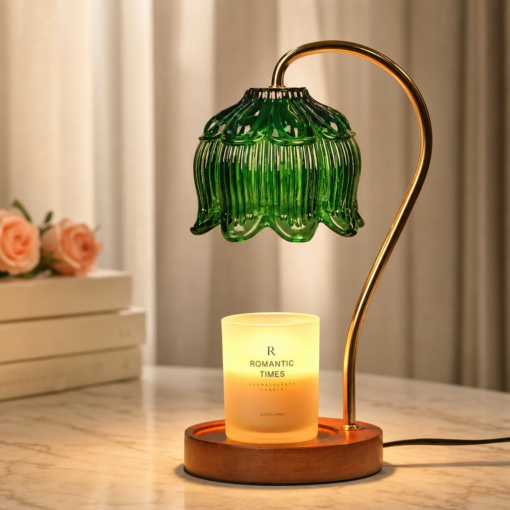 Green ribbed glass candle warmer lamp with brass curved stem and wooden base.