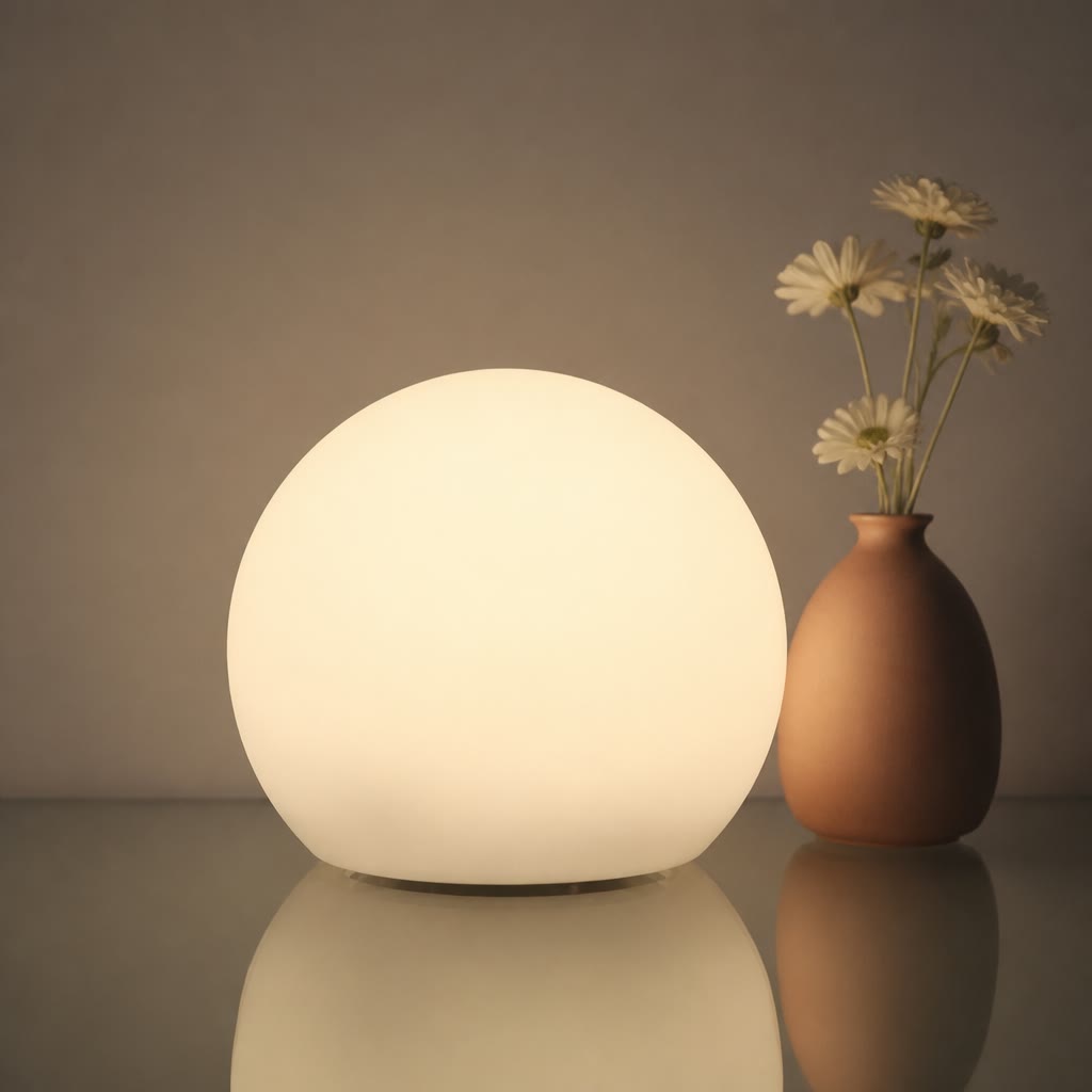 Warm glowing spherical table lamp beside a small vase with flowers.