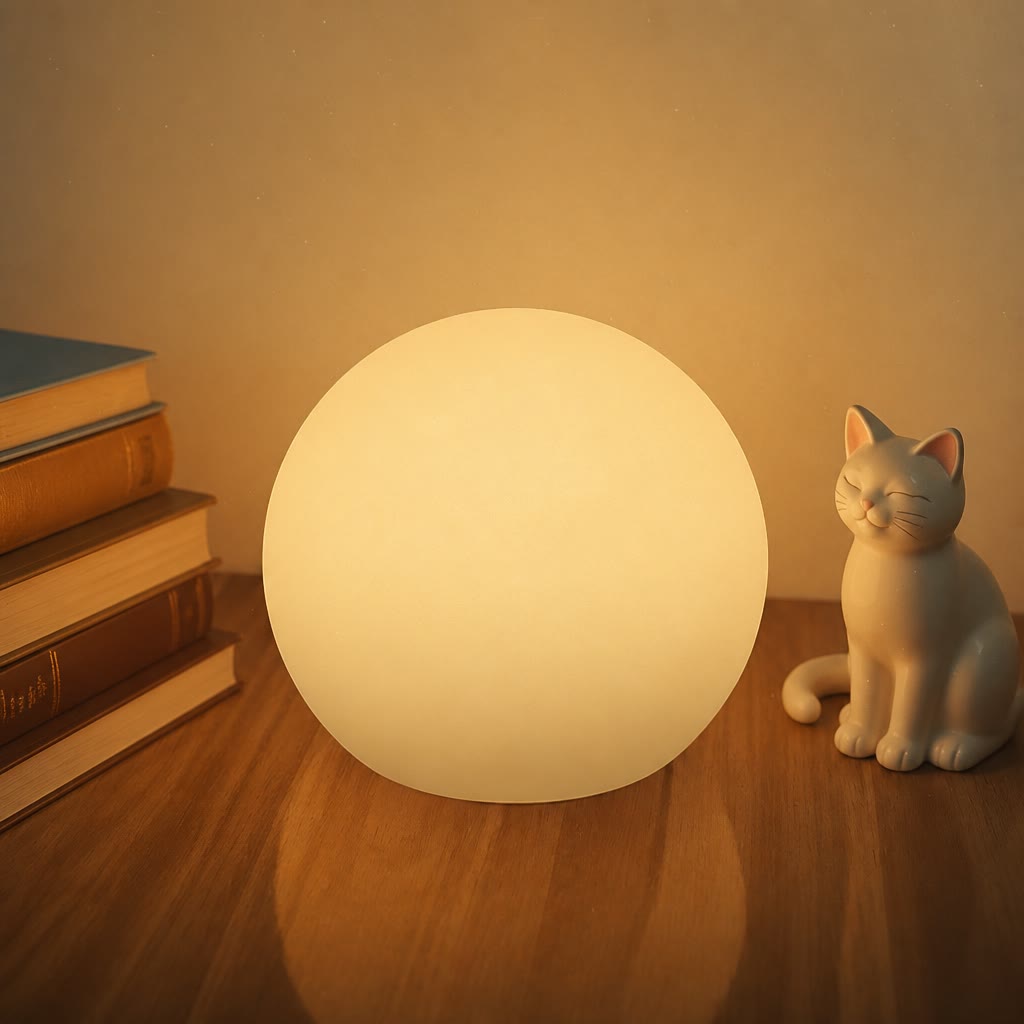 Glowing spherical LED lamp on a wooden table beside books and a ceramic cat.